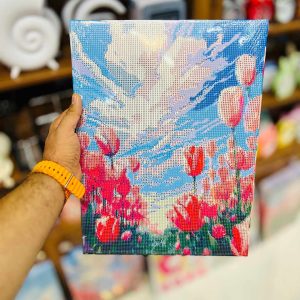 عکس نقاشی الماسی طرح دشت لاله با آسمان ابری سایز 30 در 40 مدل بوم دار سری ویژه - شماره 9