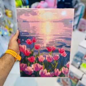 عکس نقاشی الماسی طرح گل لاله و غروب دریا سایز 30 در 40 مدل بوم دار - شماره 3