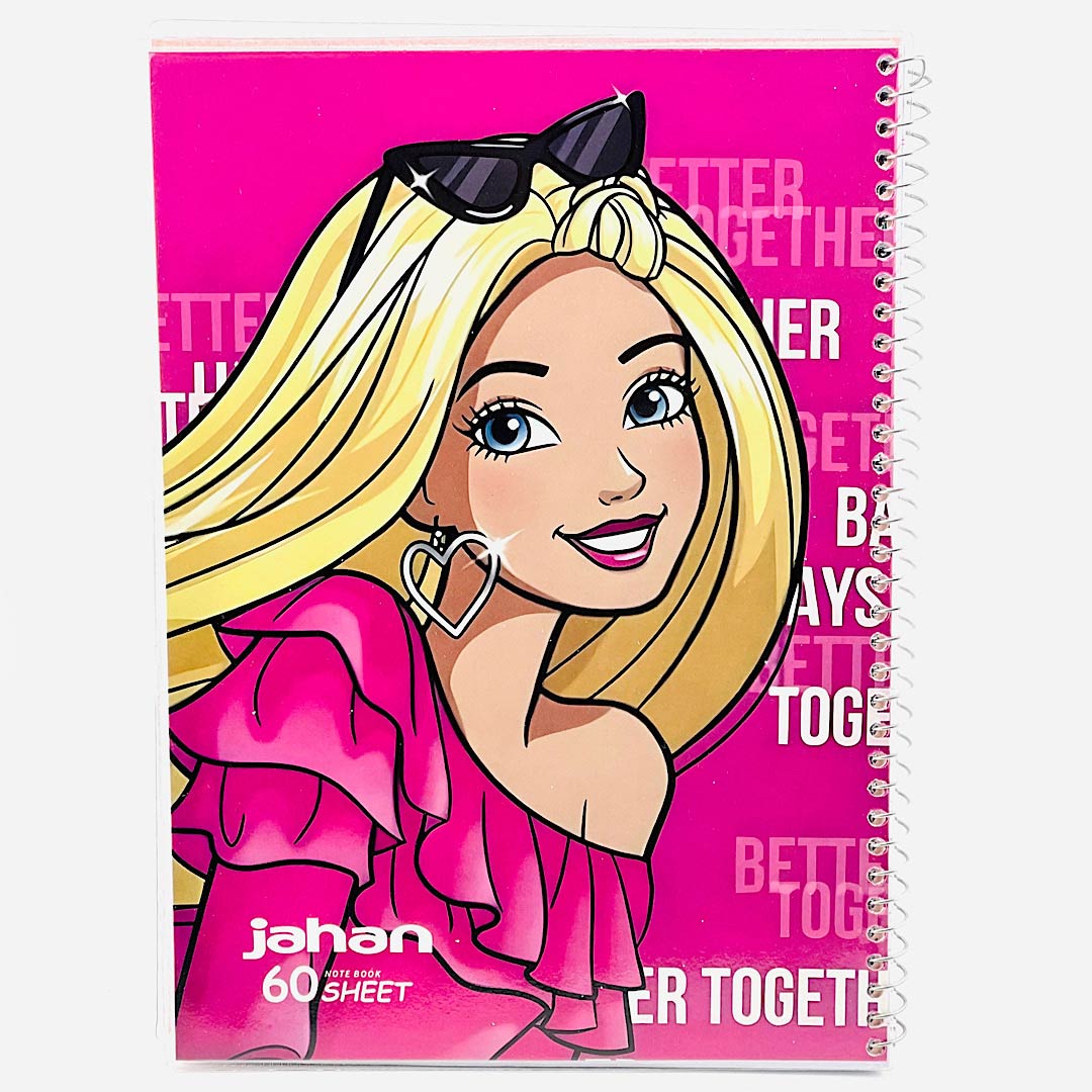 تصاویر دفتر 60 برگ مجلد طرح باربی با گوشواره قلبی برند جهان کد 614 دفتر 60 برگ مجلد طرح باربی با گوشواره قلبی برند جهان کد 614